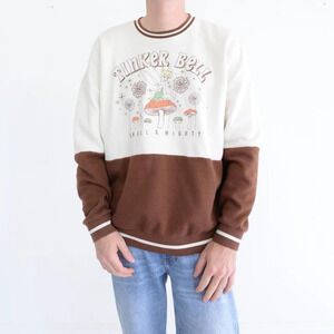 Disney Our Universe Embroidered Tinkerbell Cream And Brown Crew Neck Sweater Med